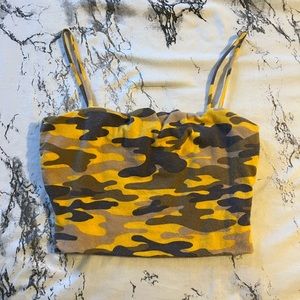 Fashion Nova; Yellow & Gray Camouflage Spaghetti Strap Crop Top